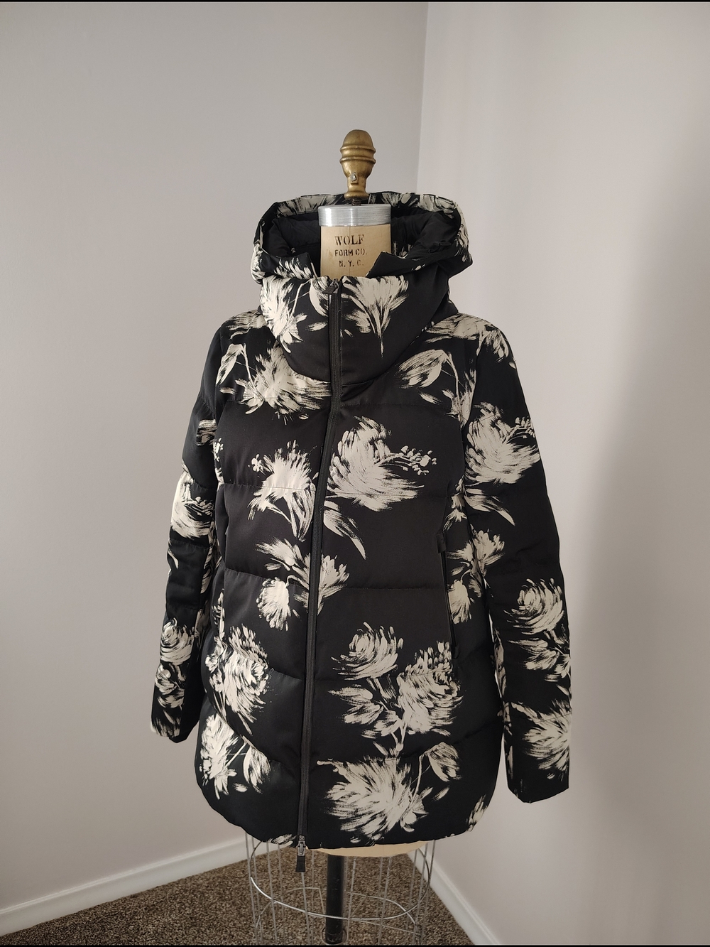 Herno Black Puffer Jacket with Cream Floral Print